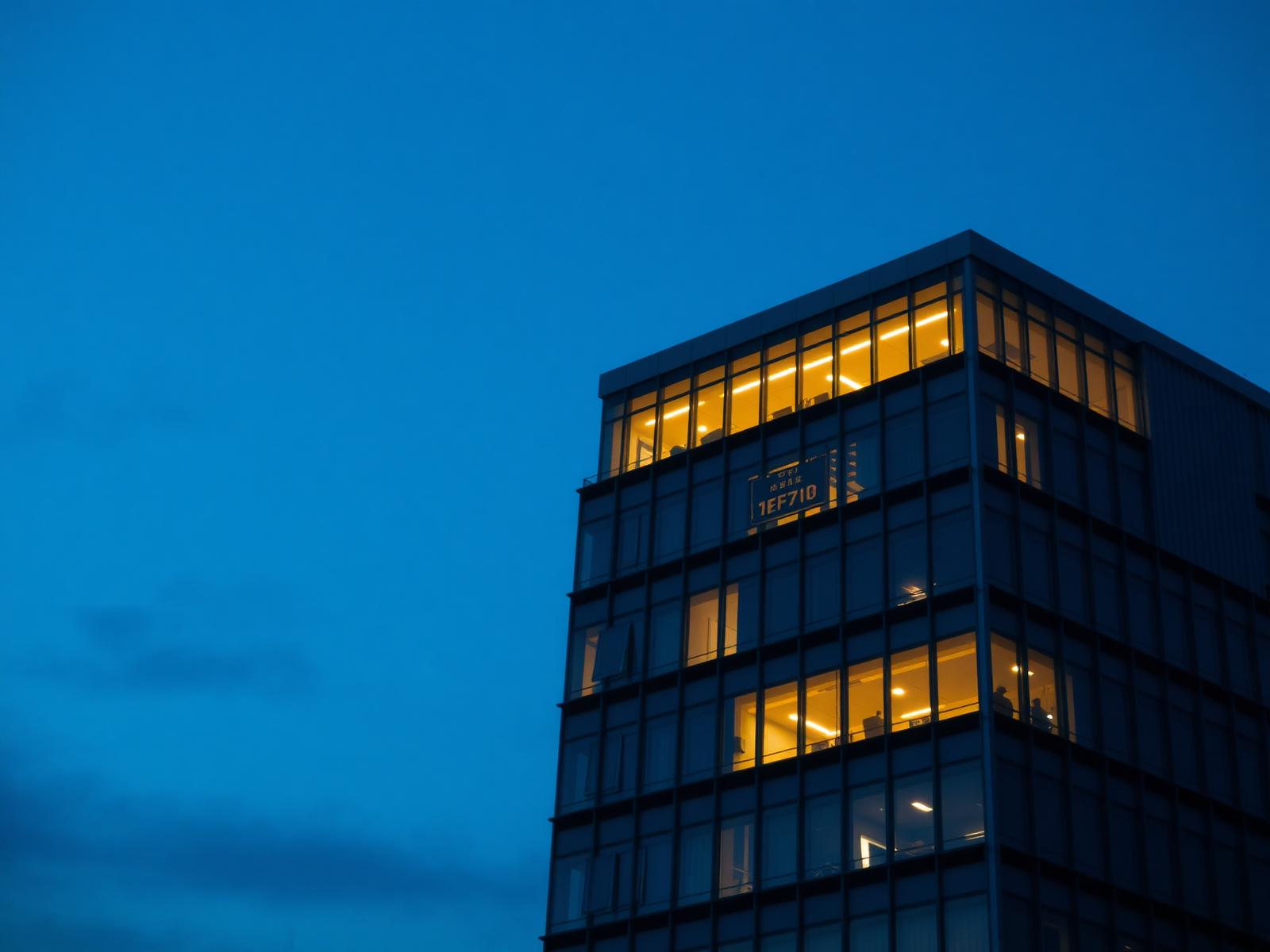 A modern commercial building at dusk